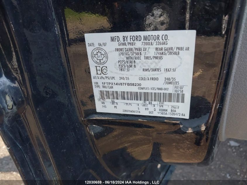 2007 Ford F-150 VIN: 1FTPX14V87FB58230 Lot: 12030659