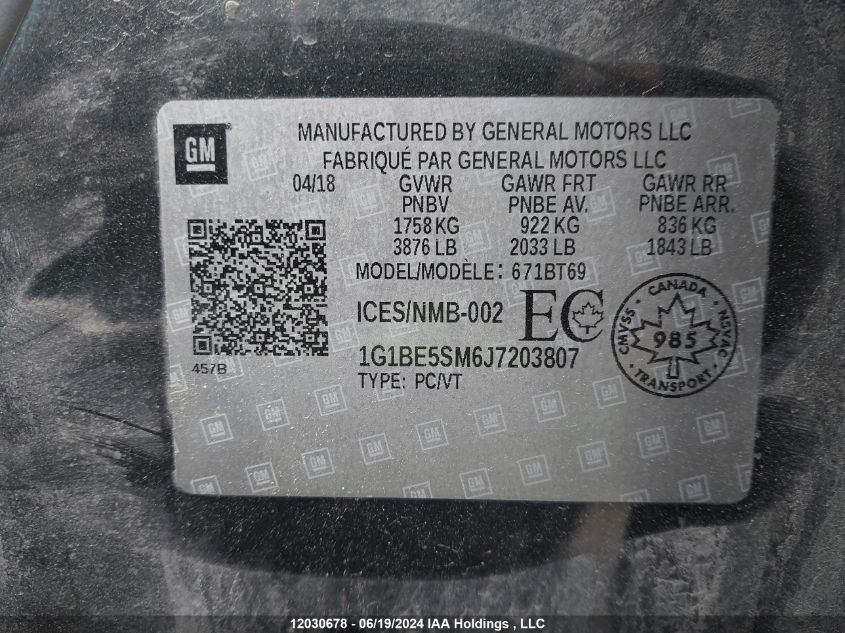 2018 Chevrolet Cruze VIN: 1G1BE5SM6J7203807 Lot: 12030678