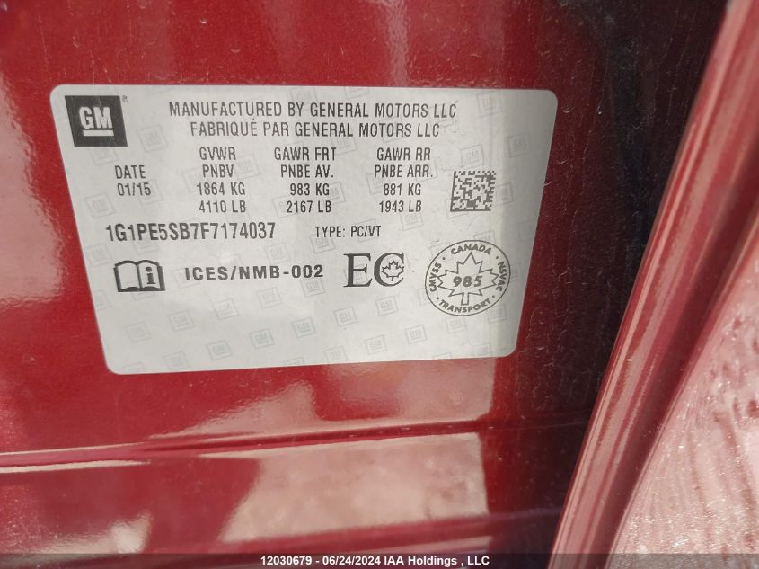 2015 Chevrolet Cruze VIN: 1G1PE5SB7F7174037 Lot: 12030679