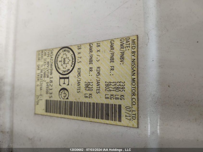 2017 Nissan Murano S/Sv/Sl/Platinum VIN: 5N1AZ2MH9HN182135 Lot: 12030682