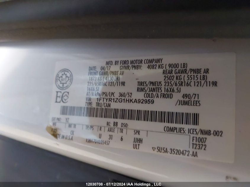 2017 Ford Transit T-250 VIN: 1FTYR1ZG1HKA92959 Lot: 12030708