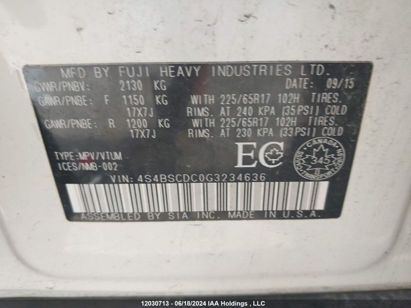 2016 Subaru Legacy Outback VIN: 4S4BSCDC0G3234636 Lot: 12030713