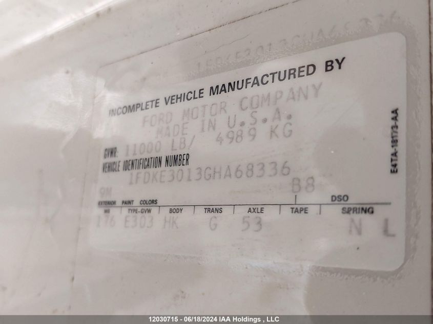 1986 Ford Econoline E350 Cutaway Van VIN: 1FDKE301GHA68336 Lot: 12030715