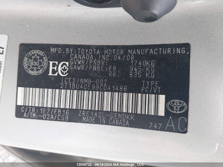 2009 Toyota Corolla S/Le/Xle VIN: 2T1BU40E99C041486 Lot: 12030722