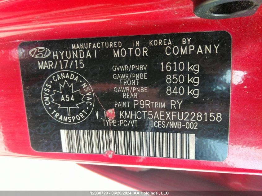 2015 Hyundai Accent VIN: KMHCT5AEXFU228158 Lot: 12030729