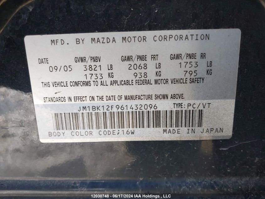 2006 Mazda 3 I VIN: JM1BK12F961432096 Lot: 12030748