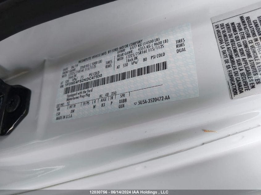 2019 Ford Econoline E450 Super Duty Cutaway Van VIN: 1FDXE4FS2KDC47530 Lot: 12030756