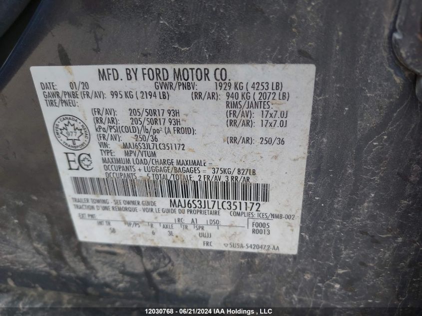 2020 Ford Ecosport Ses VIN: MAJ6S3JL7LC351172 Lot: 12030768