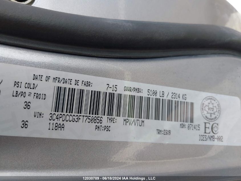 2015 Dodge Journey Sxt VIN: 3C4PDCCG3FT750856 Lot: 12030789