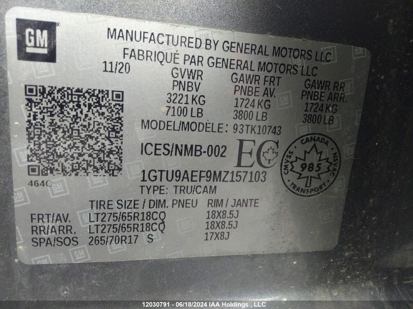 2021 GMC Sierra 1500 VIN: 1GTU9AEF9MZ157103 Lot: 12030791