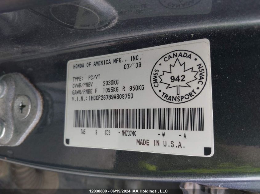2009 Honda Accord Sedan VIN: 1HGCP26789A809750 Lot: 12030800