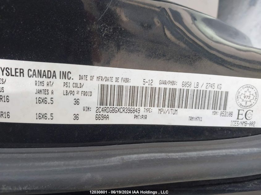 2012 Dodge Grand Caravan Se VIN: 2C4RDGBGXCR396849 Lot: 12030801