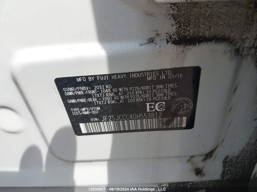 2016 Subaru Forester VIN: JF2SJCCC4GH553812 Lot: 12030807