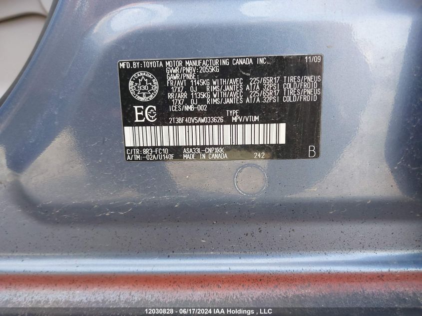 2010 Toyota Rav4 VIN: 2T3BF4DV5AW033626 Lot: 12030828