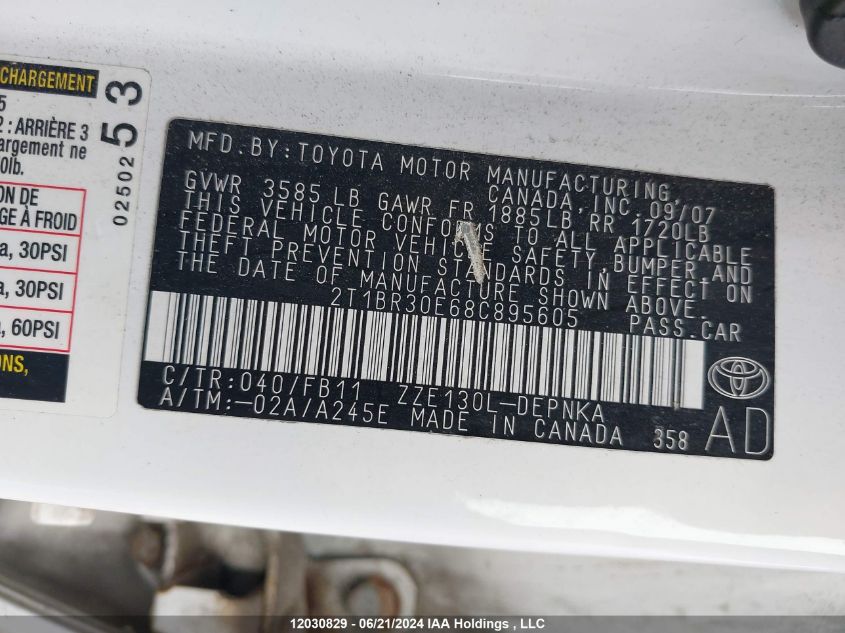 2008 Toyota Corolla Le VIN: 2T1BR30E68C895605 Lot: 12030829