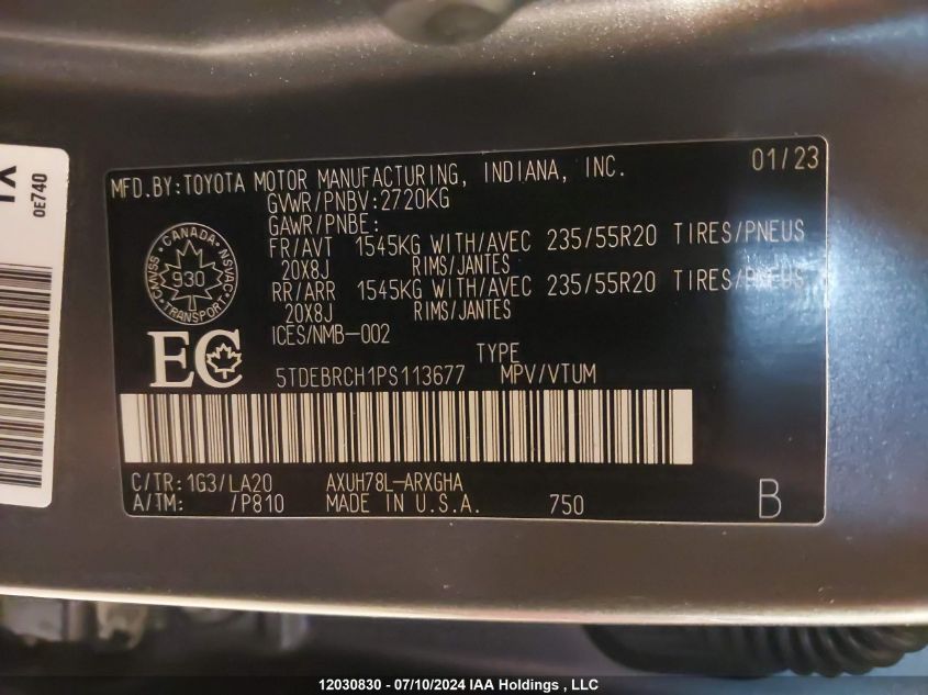 2023 Toyota Highlander Hybrid Limited/Hybrid Platinum VIN: 5TDEBRCH1PS113677 Lot: 12030830