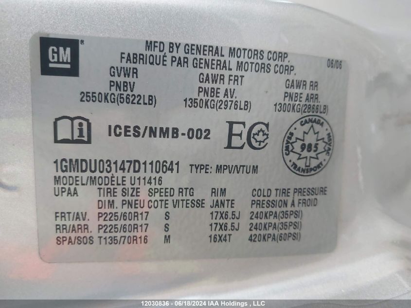 2007 Pontiac Montana Sv6 VIN: 1GMDU03147D110641 Lot: 12030836