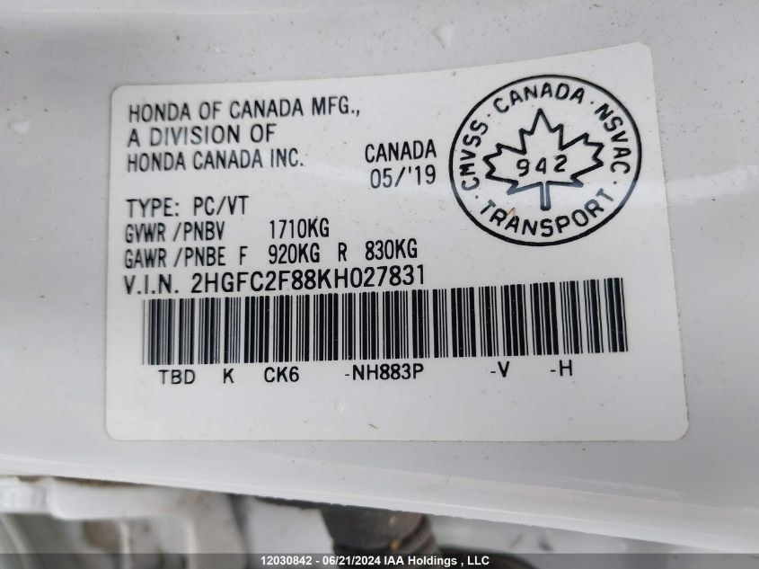 2019 Honda Civic Sedan VIN: 2HGFC2F88KH027831 Lot: 12030842