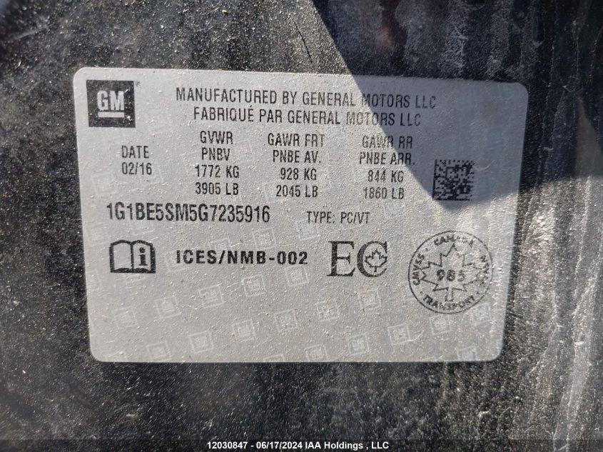 2016 Chevrolet Cruze VIN: 1G1BE5SM5G7235916 Lot: 12030847