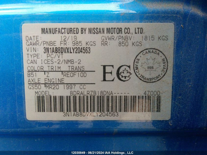 2020 Nissan Sentra VIN: 3N1AB8DVXLY204563 Lot: 12030849