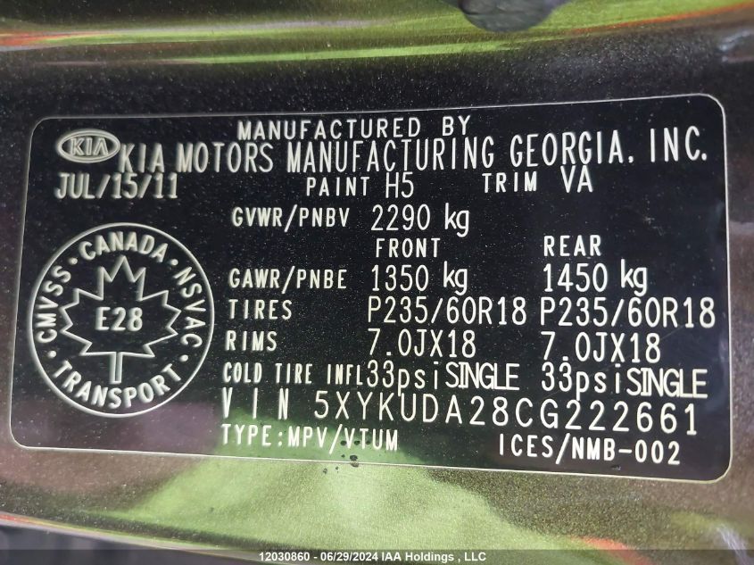 2012 Kia Sorento VIN: 5XYKUDA28CG222661 Lot: 12030860