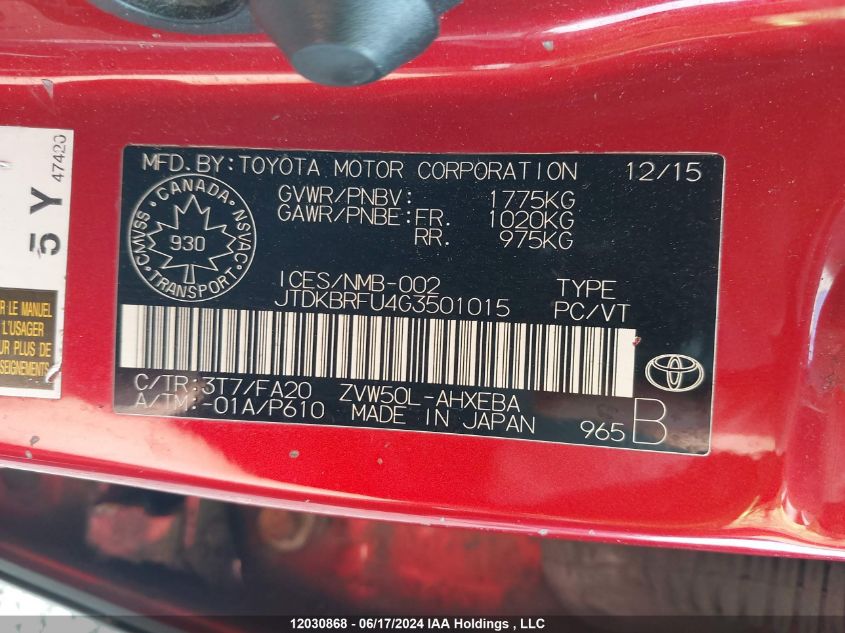 2016 Toyota Prius VIN: JTDKBRFU4G3501015 Lot: 12030868