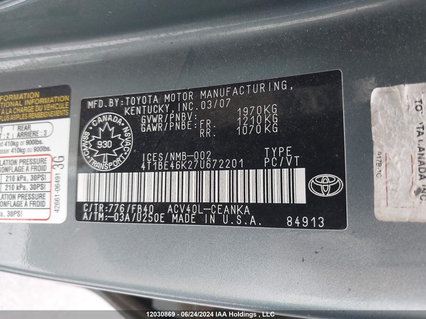 2007 Toyota Camry Ce/Le/Xle/Se VIN: 4T1BE46K27U672201 Lot: 12030869