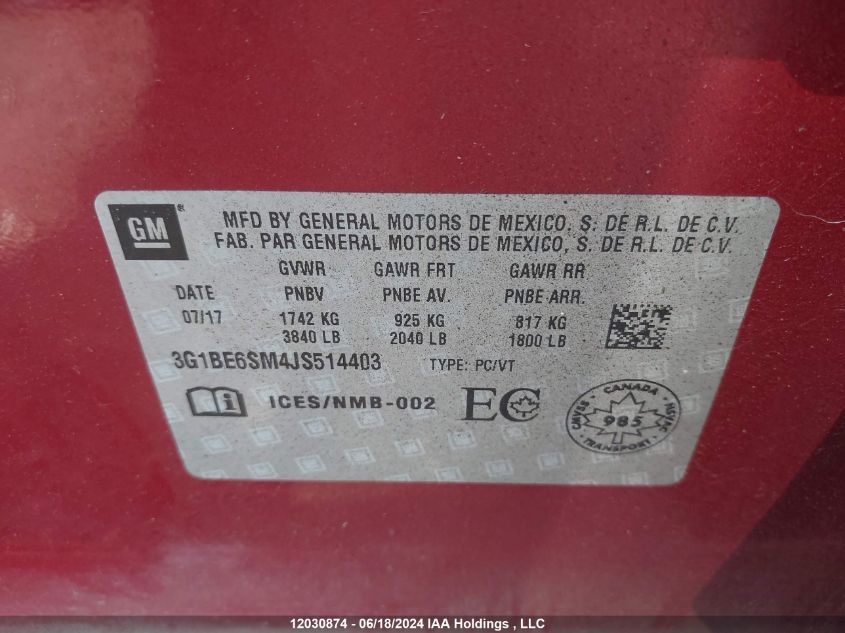 2018 Chevrolet Cruze VIN: 3G1BE6SM4JS514403 Lot: 12030874