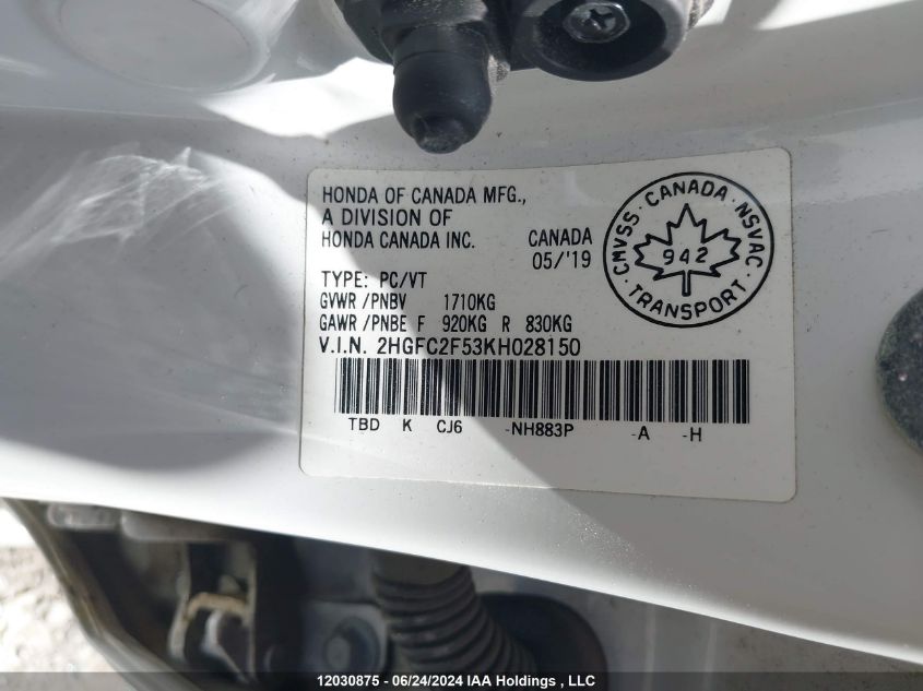 2019 Honda Civic VIN: 2HGFC2F53KH028150 Lot: 12030875
