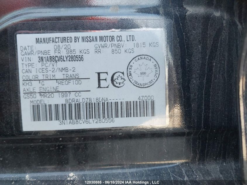 2020 Nissan Sentra VIN: 3N1AB8CV6LY280556 Lot: 12030885