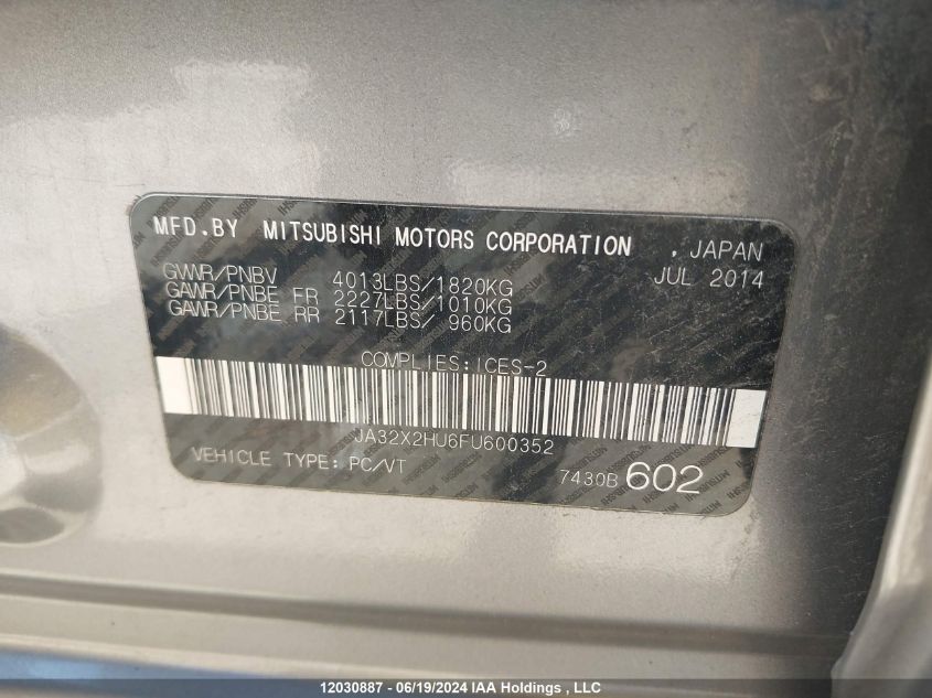 2015 Mitsubishi Lancer Sportback VIN: JA32X2HU6FU600352 Lot: 12030887