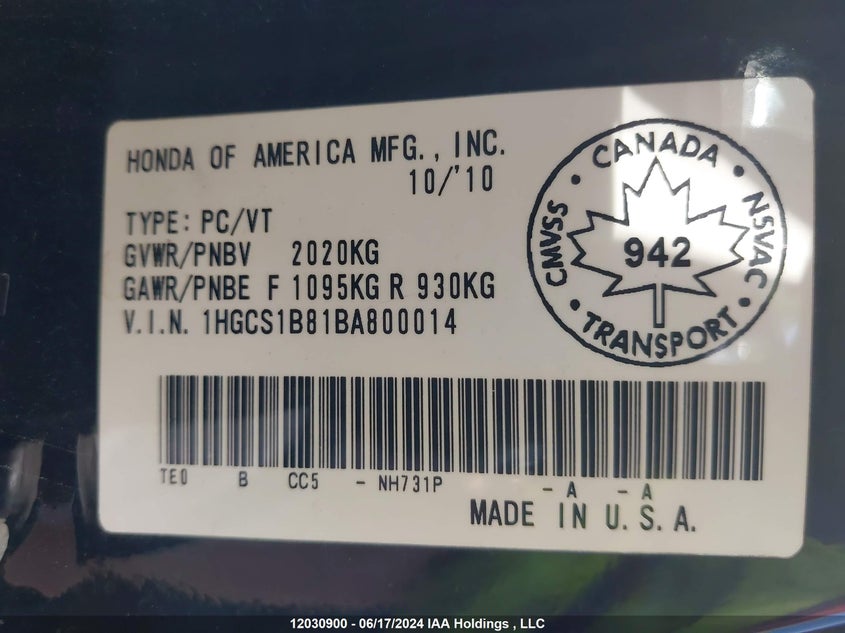 2011 Honda Accord Cpe VIN: 1HGCS1B81BA800014 Lot: 12030900