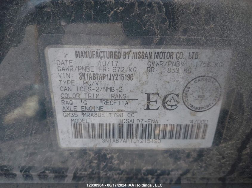2018 Nissan Sentra VIN: 3N1AB7AP1JY215190 Lot: 12030904