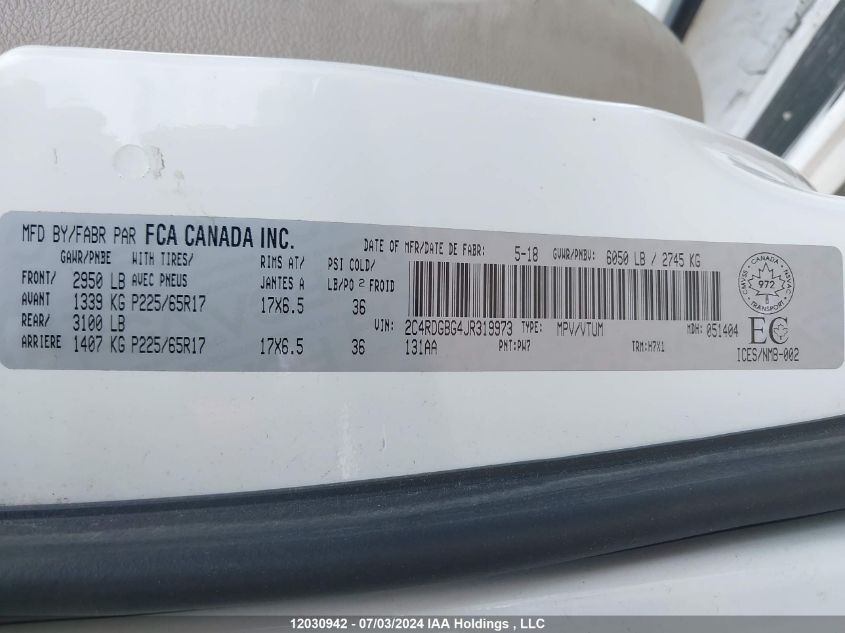 2018 Dodge Grand Caravan VIN: 2C4RDGBG4JR319973 Lot: 12030942