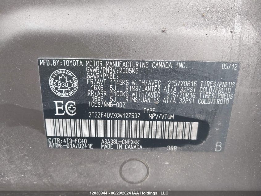 2012 Toyota Rav4 VIN: 2T3ZF4DVXCW127597 Lot: 12030944