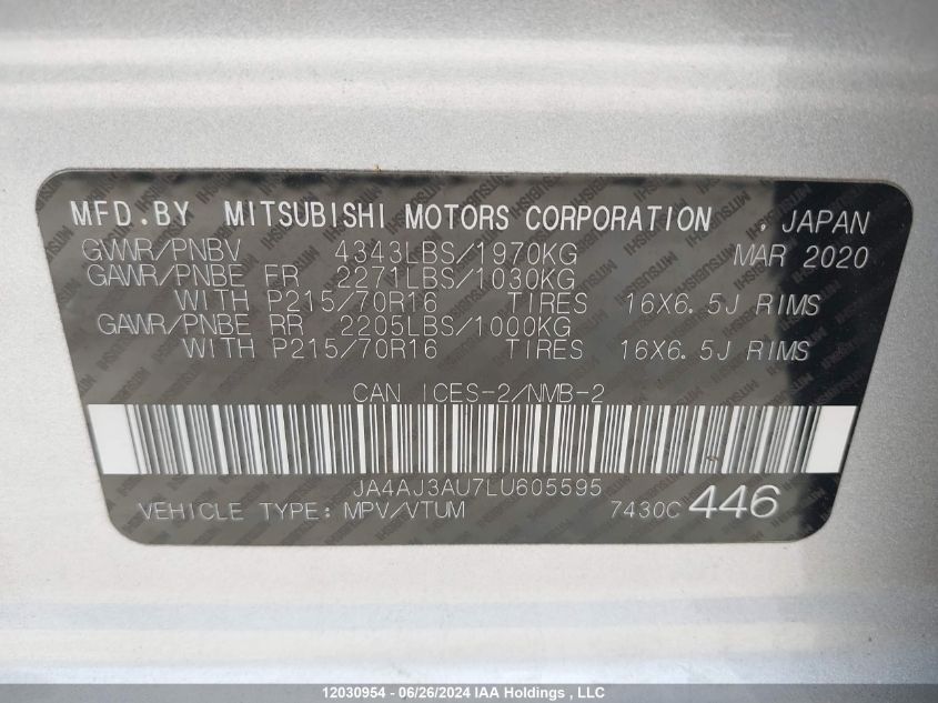 2020 Mitsubishi Rvr VIN: JA4AJ3AU7LU605595 Lot: 12030954