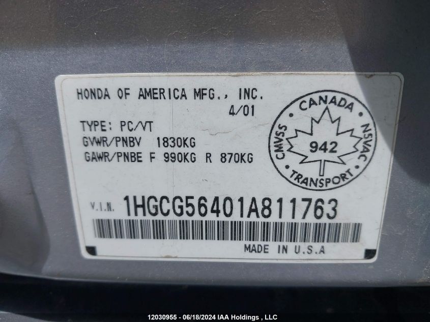2001 Honda Accord Sdn VIN: 1HGCG56401A811763 Lot: 12030955