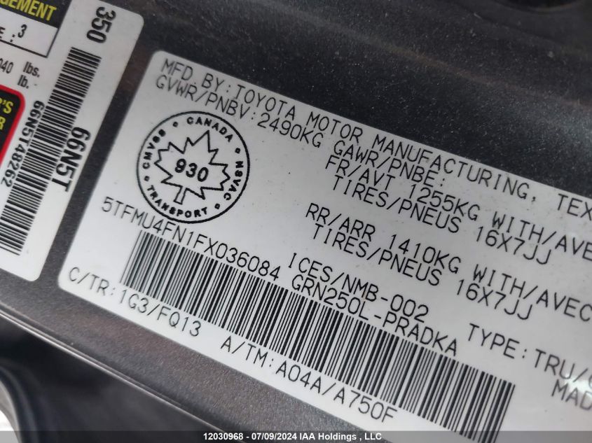 2015 Toyota Tacoma Double Cab Long Bed VIN: 5TFMU4FN1FX036084 Lot: 12030968