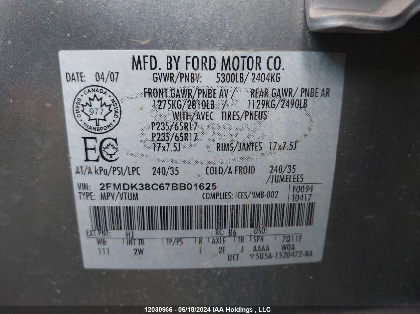 2007 Ford Edge Sel VIN: 2FMDK38C67BB01625 Lot: 12030986