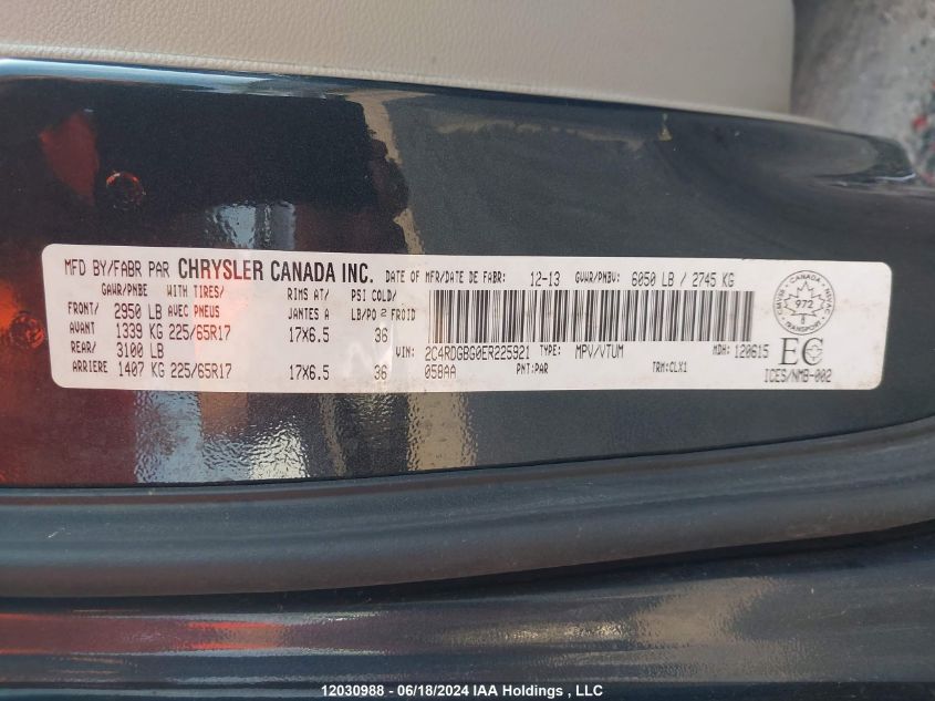 2014 Dodge Grand Caravan Se/Sxt VIN: 2C4RDGBG0ER225921 Lot: 12030988