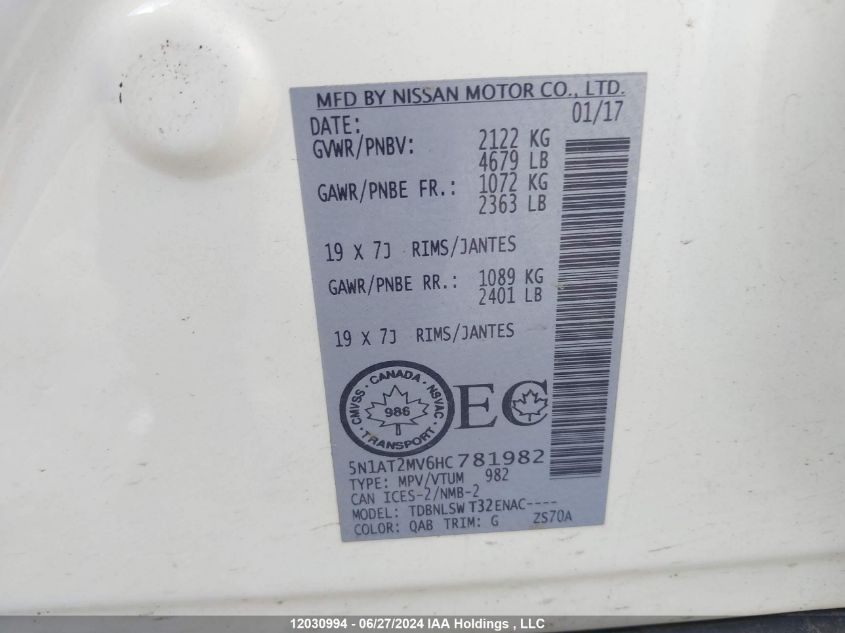 2017 Nissan Rogue VIN: 5N1AT2MV6HC781982 Lot: 12030994