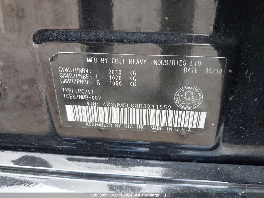 2011 Subaru Legacy VIN: 4S3BMGL68B3211552 Lot: 12030995