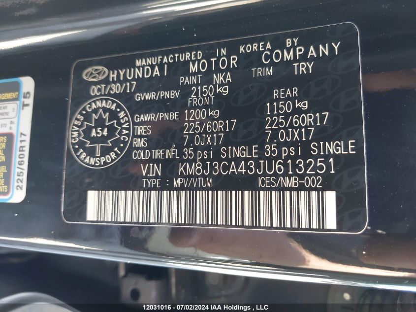 2018 Hyundai Tucson VIN: KM8J3CA43JU613251 Lot: 12031016