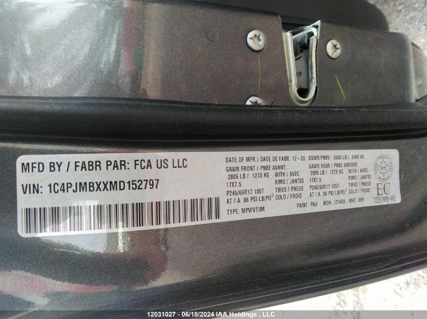 2021 Jeep Cherokee Trailhawk VIN: 1C4PJMBXXMD152797 Lot: 12031027