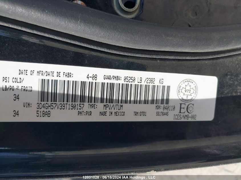 2009 Dodge Journey Sxt VIN: 3D4GH57V39T190157 Lot: 12031028