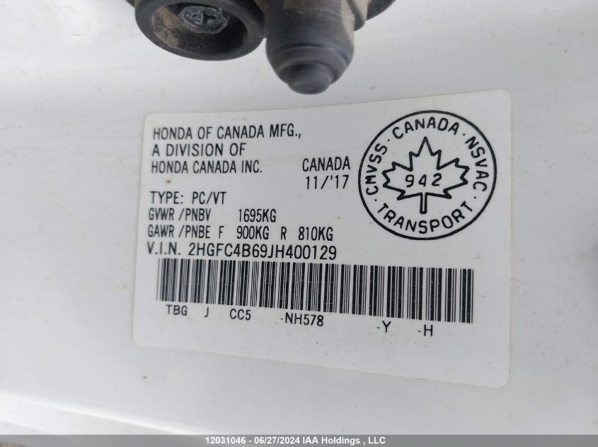2018 Honda Civic Lx VIN: 2HGFC4B69JH400129 Lot: 12031046
