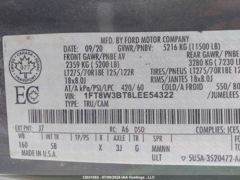 2020 Ford F350 Super Duty VIN: 1FT8W3BT8LEE54322 Lot: 12031052