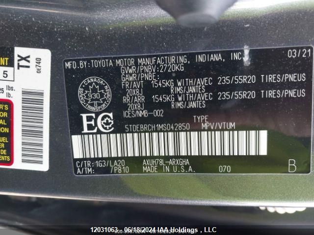 2021 Toyota Highlander Hybrid Platinum VIN: 5TDEBRCH1MS042850 Lot: 12031063