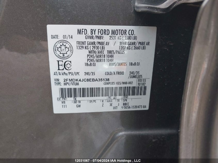2014 Ford Edge Sel VIN: 2FMDK4JC8EBA35138 Lot: 12031067
