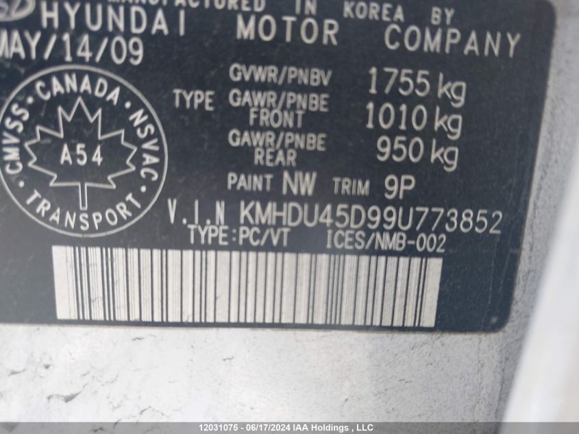 2009 Hyundai Elantra VIN: KMHDU45D99U773852 Lot: 12031075